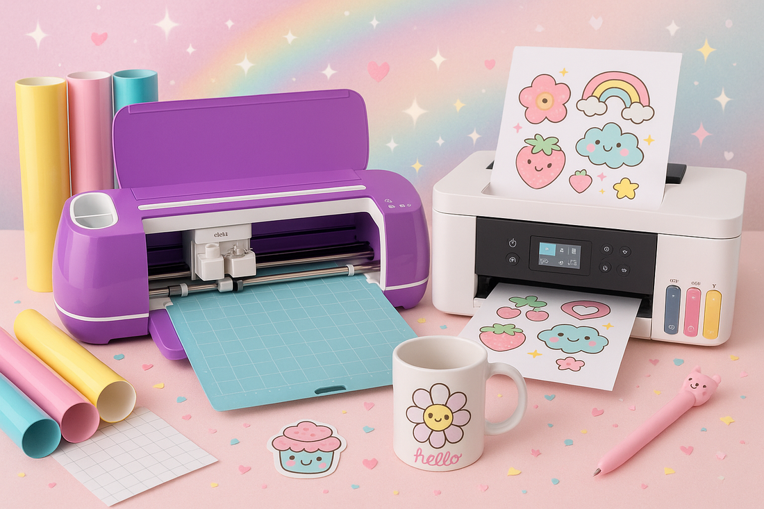 A purple cricut machine tumblers, ornaments and mugs and a printer to used for sublimanation make it catchy and cute 